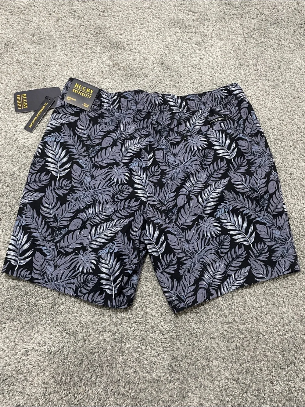 Rugby Ralph Lauren Navy and Light Gray Leaf-Print Swim Shorts